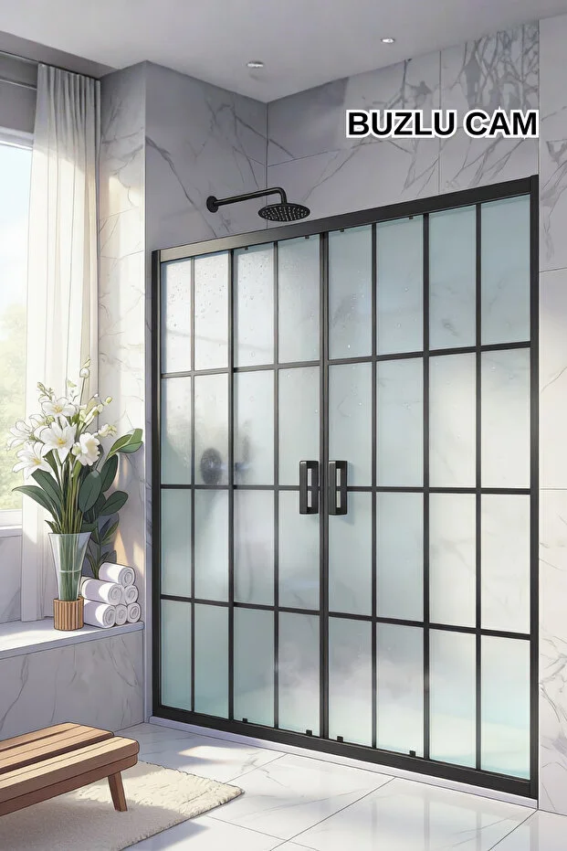 Duşakabin Ön Cephe 5mm Siyah Çizgi Komple Buzlu Yükseklik 190cm